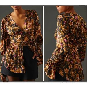 Anthropologie Deep-V Tunic Floral Black Motif Blouse Top Button Corset Peplum S